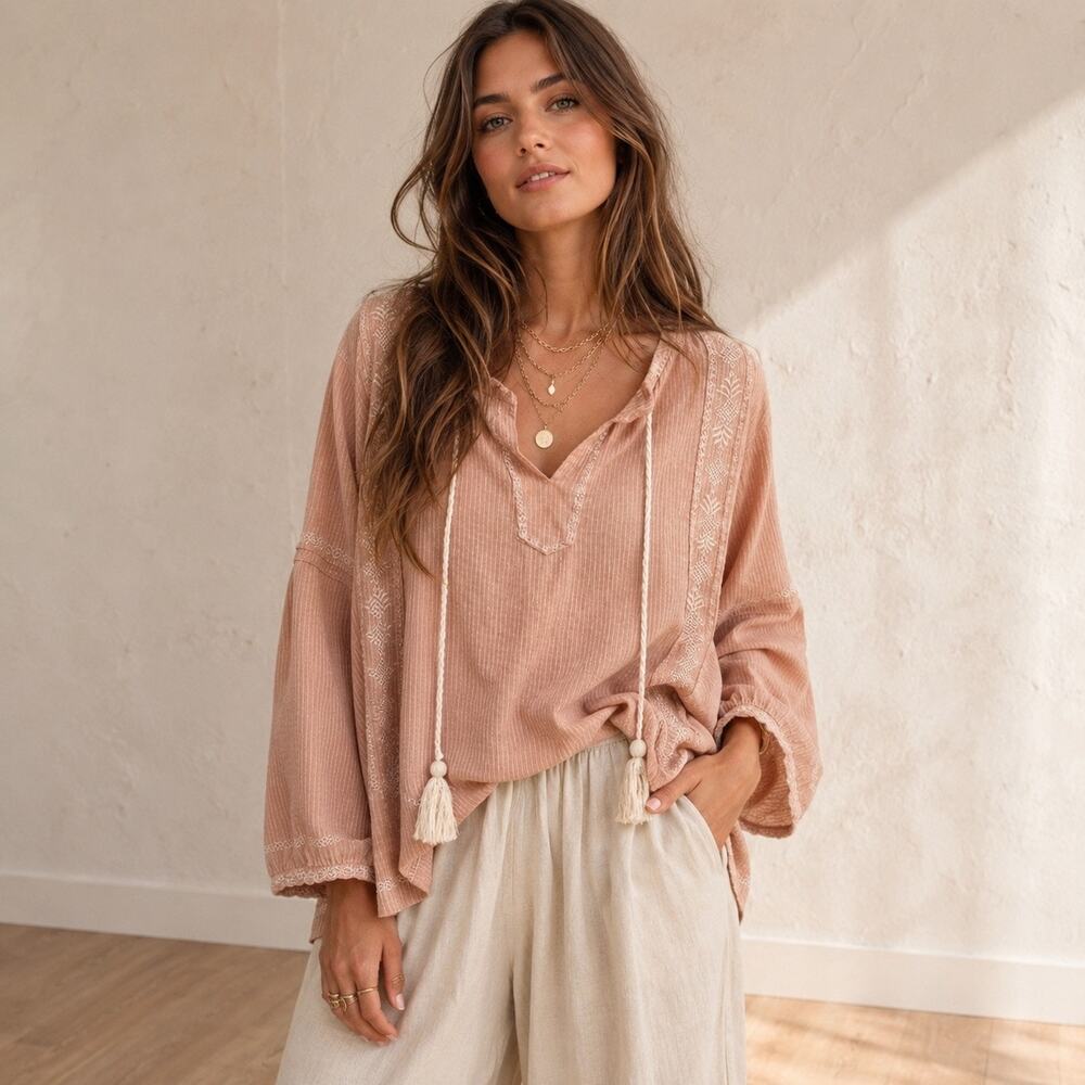 Garnet Hill Boho Coastal Orange Cream Pinstripe Embroidered Tassel Tunic Top